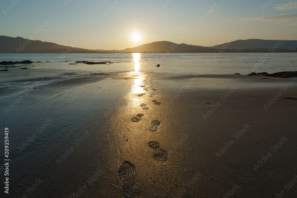 Sunset near the river Minaya (Minha). Nothern Portugal. Border between Portugal and Spain