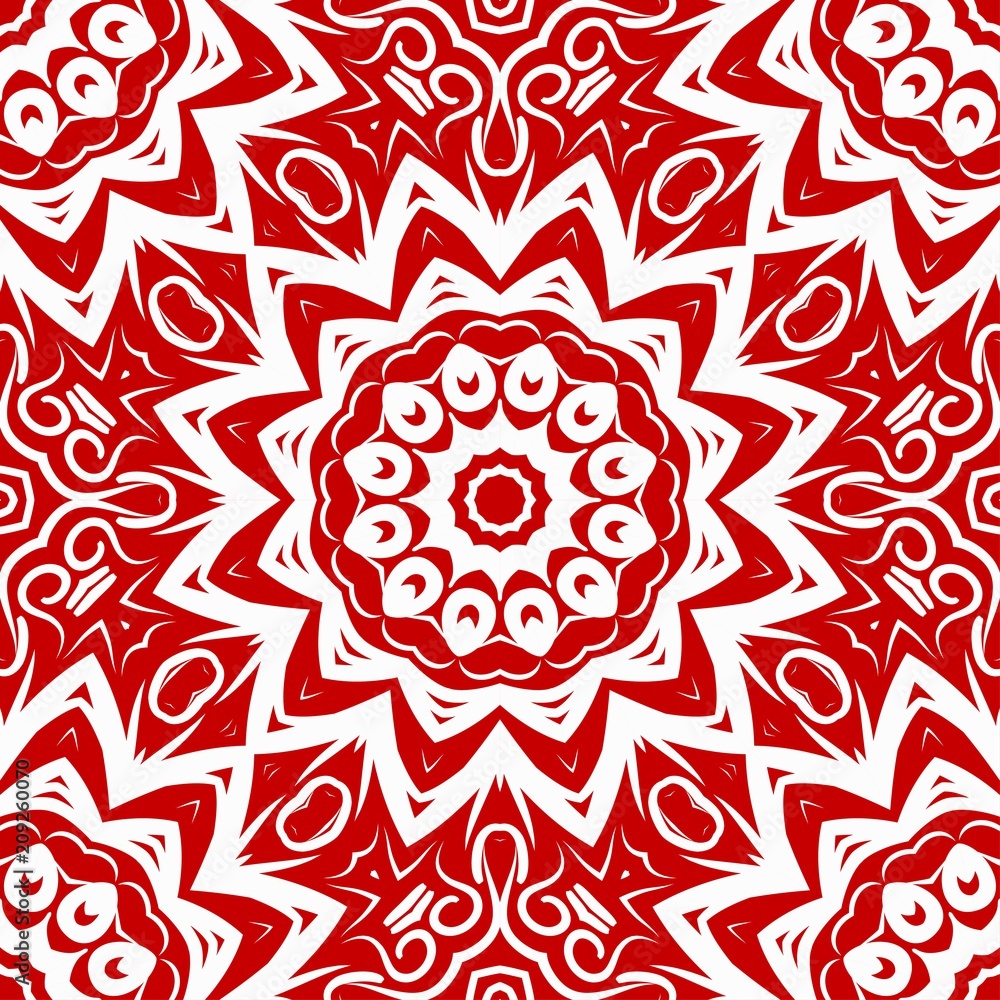 Floral Geometric Pattern with hand-drawing Mandala. Vector super illustration. For fabric, textile, bandana, scarg, print.