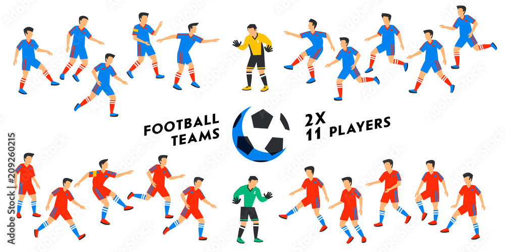 Football team set. Two full Football teams, 11 players. Soccer players on  different positions playing football. Spectacular sport. Colorful flat  style illustration. vector illustration Soccer players Stock Vector | Adobe  Stock