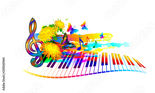 Music summer festival background with piano keyboard, flowers, music notes and butterfly