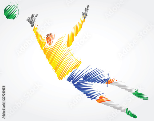 Brazilian goalkeeper trying to catch the ball made of colorful brushstrokes on light background