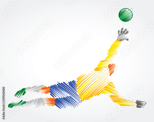 Brazilian goalkeeper jumping to catch the ball made of colorful brushstrokes on light background