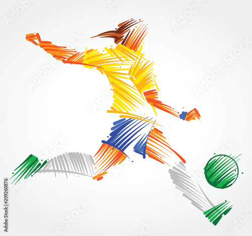 Brazilian woman soccer player kicking the ball made of colorful brushstrokes on light background