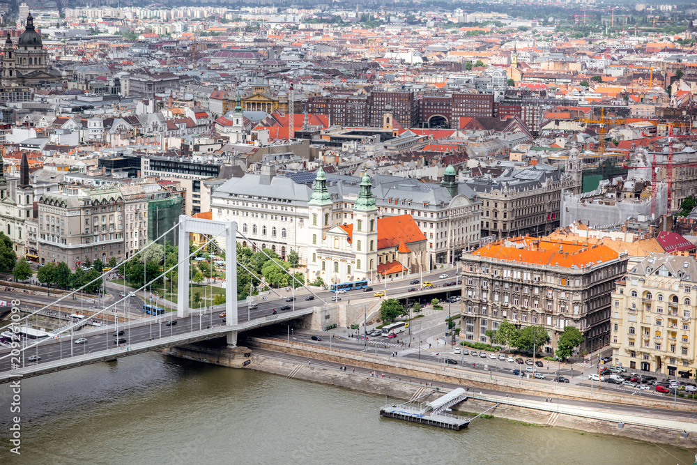 Fototapeta premium Top view on the Danube river with Elisabeth bridge in Budapest city, Hungary