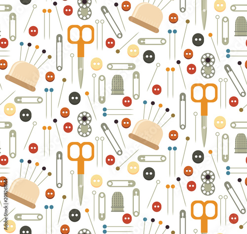 Collection sets of Sewing equipment, dressmaking and needlework accessories . Icons set with needle, tape measure, scissors, buttons, needles, threads, awl, pins. Fashion industry clothing.