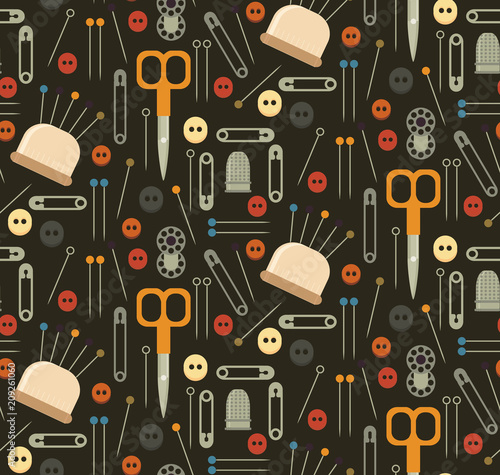 Collection sets of Sewing equipment, dressmaking and needlework accessories . Icons set with needle, tape measure, scissors, buttons, needles, threads, awl, pins. Fashion industry clothing.