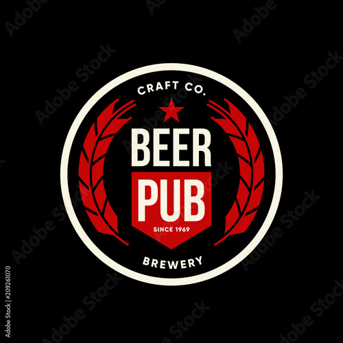 Modern craft beer drink vector logo sign for bar, pub, brewhouse or brewery isolated on dark.
Premium quality logotype tee print badge illustration. Brewing fest fashion t-shirt emblem design.