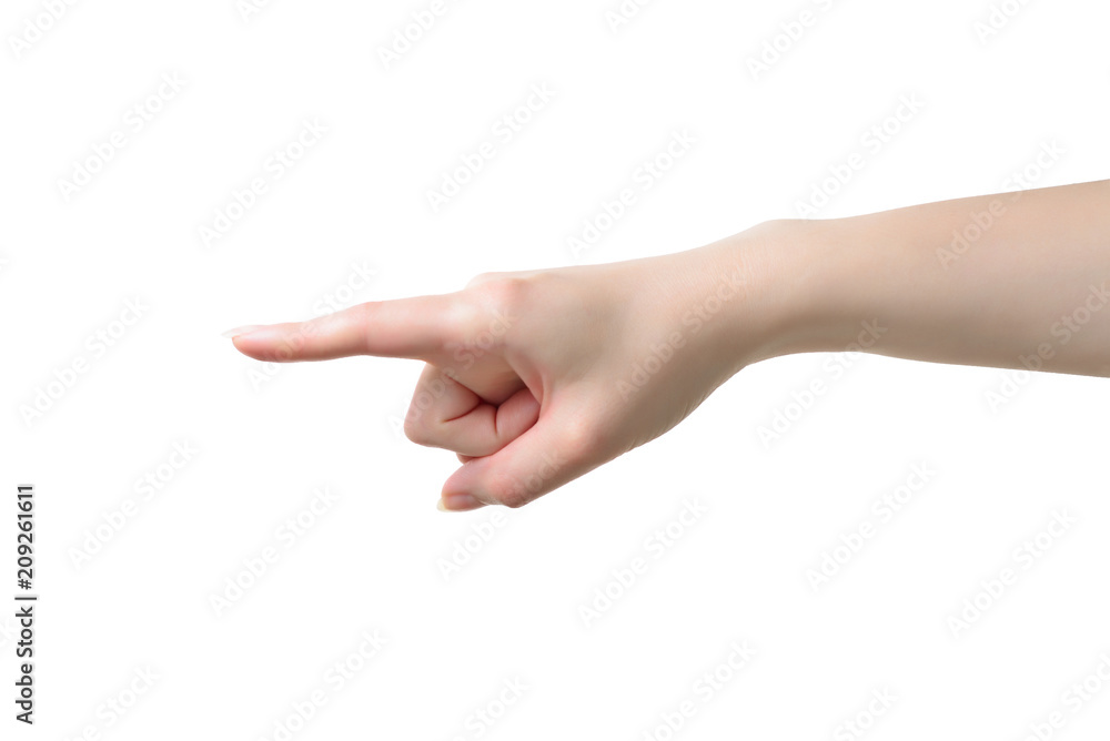 Closeup of female hand with pale skin pointing or touching isolated on white background. Isolated. Closeup of female hand with pale skin pointing or touching isolated on white background. Isolated.