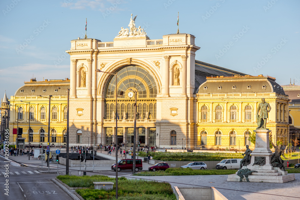 View on the eastern railway station with Gabor Baross statue during the sunset in Budapest city, Hungary