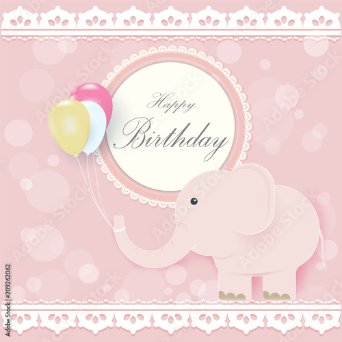 Elephant and balloons with Round retro frame Greeting card, Happy Birthday card, Shower card pink background