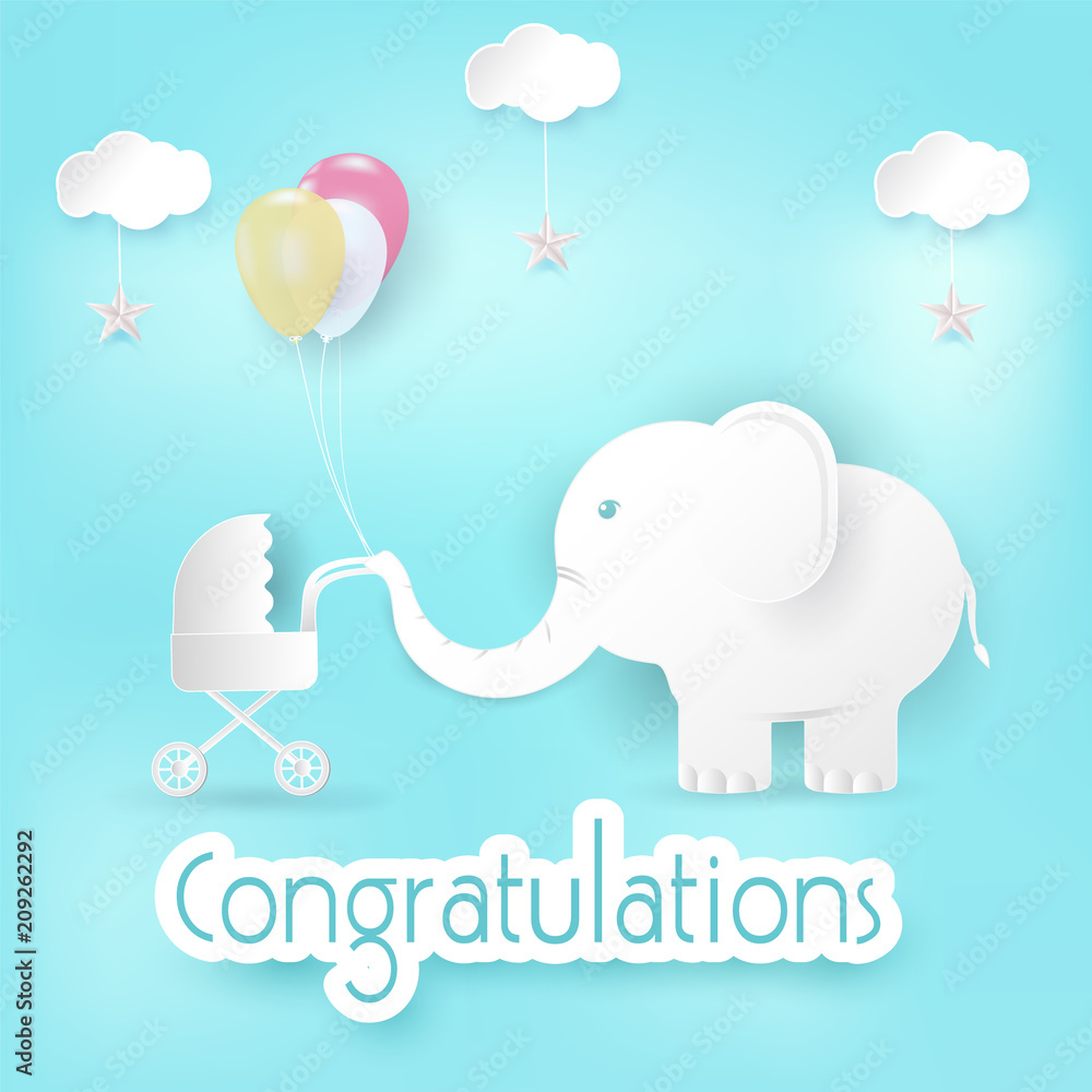 Naklejka premium Elephant and balloons with baby stroller Congratulations card blue background