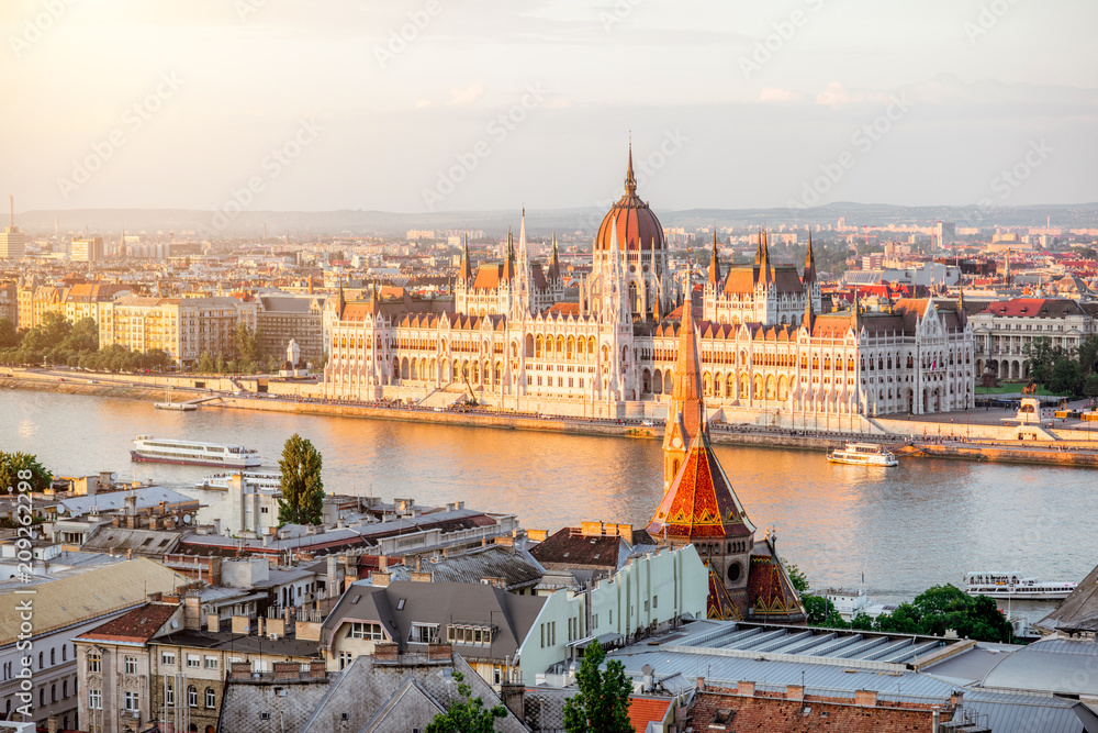 Cityscape view with famous Parliament building during the sunset light in Budapest, Hungary