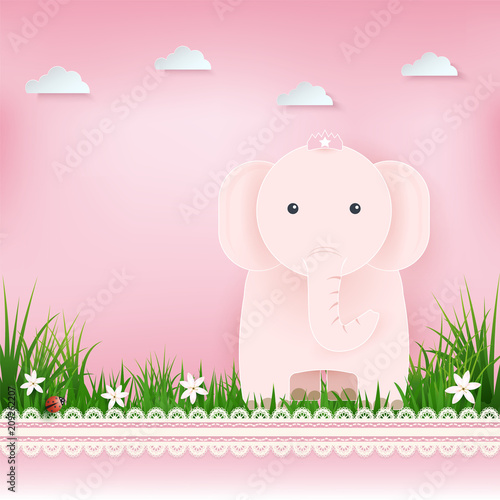 Pink Elephant in field and cloud Greeting card, Happy Birthday card. Shower card paper art style illustration pink background
