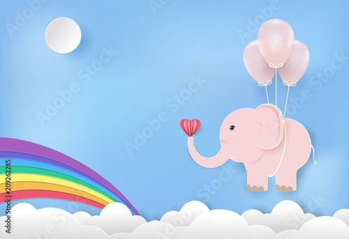 Elephant with balloons floating and rainbow Congratulations card, Happy Birthday or Shower card paper art style background