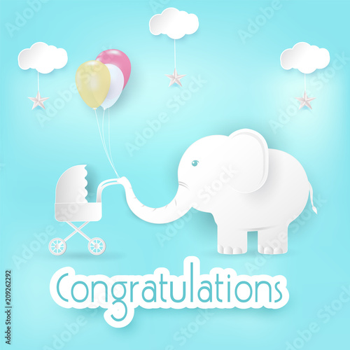 Elephant and balloons with baby stroller Congratulations card blue background