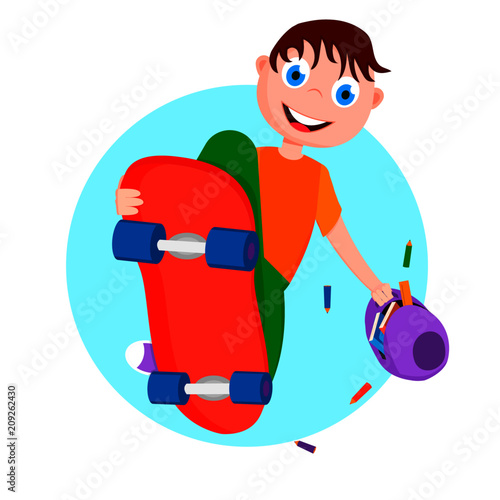 A boy with a skateboard in a jump. The boy hurries to school and holds a knapsack with books.