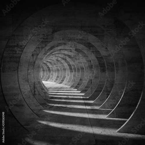 Fototapeta Naklejka Na Ścianę i Meble -  Empty dark concrete tunnel interior with perspective 3d