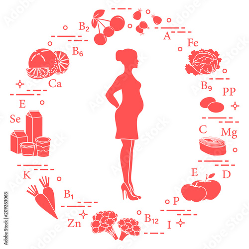 Pregnant woman and foods rich in vitamins.