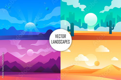 set of vector cartoon backgrounds. nature. design. horizontal illustration