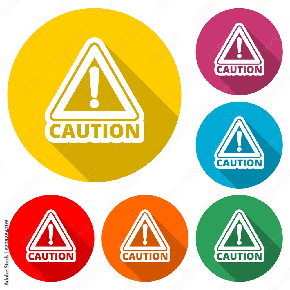 Attention caution sign icon, color icon with long shadow Attention caution sign icon, color icon with long shadow