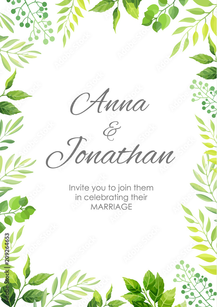 Wedding invitation with green leaves border. Floral invite modern card template. Vector illustration.