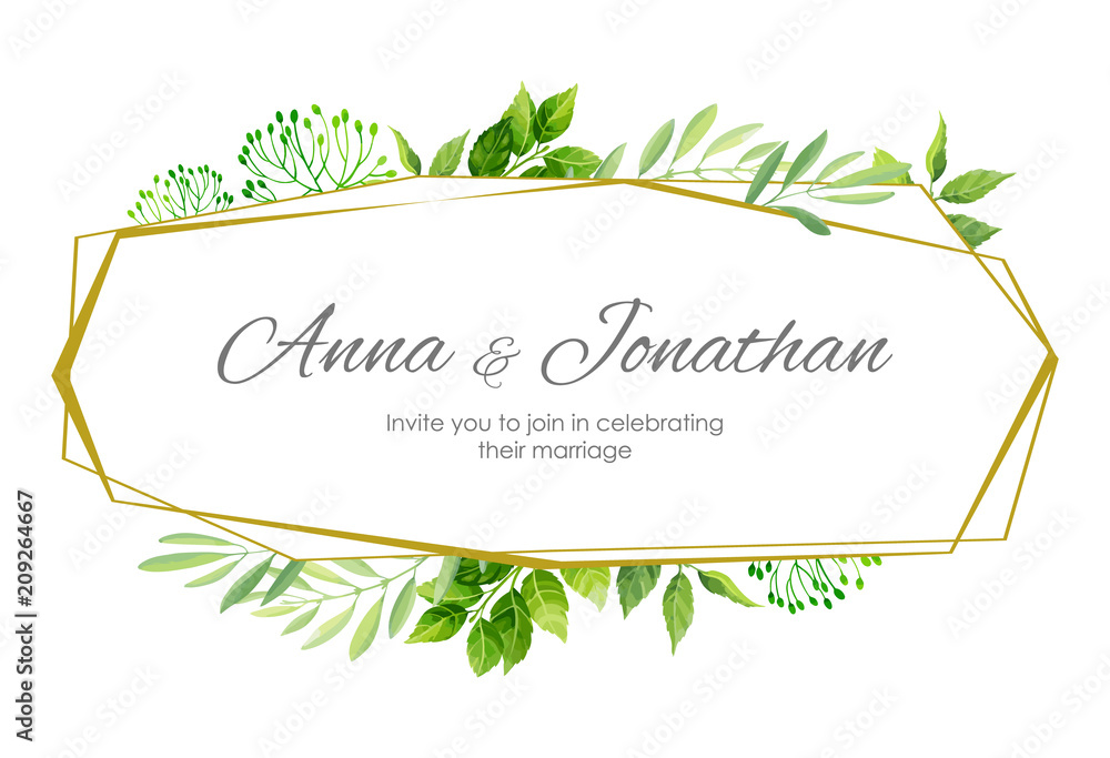 Wedding invitation with green leaves border and geometric frame. Floral invite modern card template. Vector illustration.