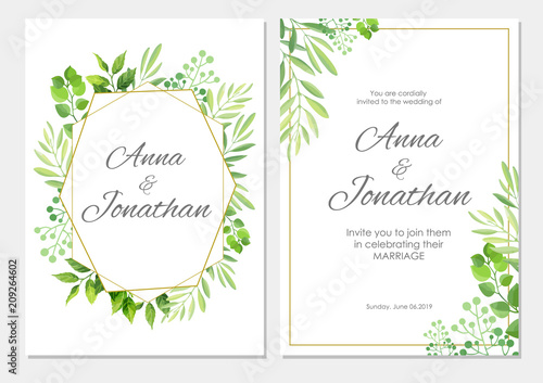 Wedding invitation with green leaves border. Floral invite modern card template set. Vector illustration.