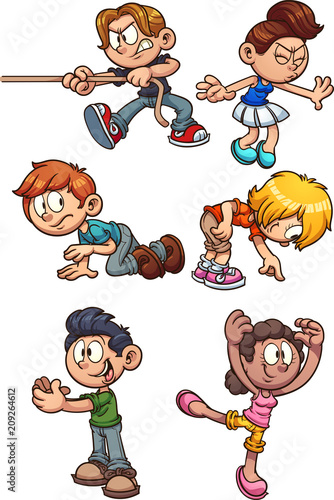 Cartoon kids performing different actions. Vector clip art illustration with simple gradients. Each on a separate layer. 