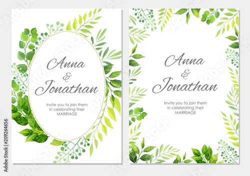 Wedding invitation with green leaves border. Floral invite modern card template set. Vector illustration.