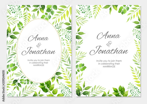Wedding invitation with green leaves border. Floral invite modern card template set. Vector illustration.
