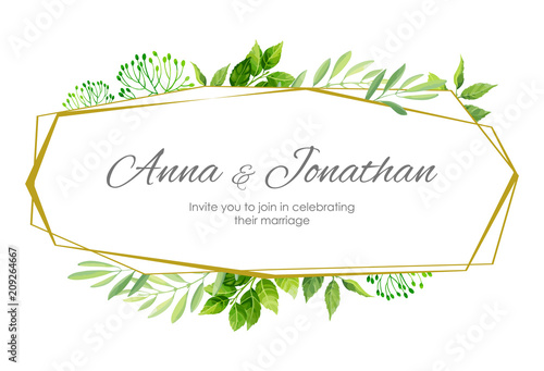 Wedding invitation with green leaves border and geometric frame. Floral invite modern card template. Vector illustration. © artnata