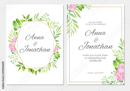 Wedding invitation set. Green leaves, rose flowers and geometric frame template. Floral background. Vector illustration.
