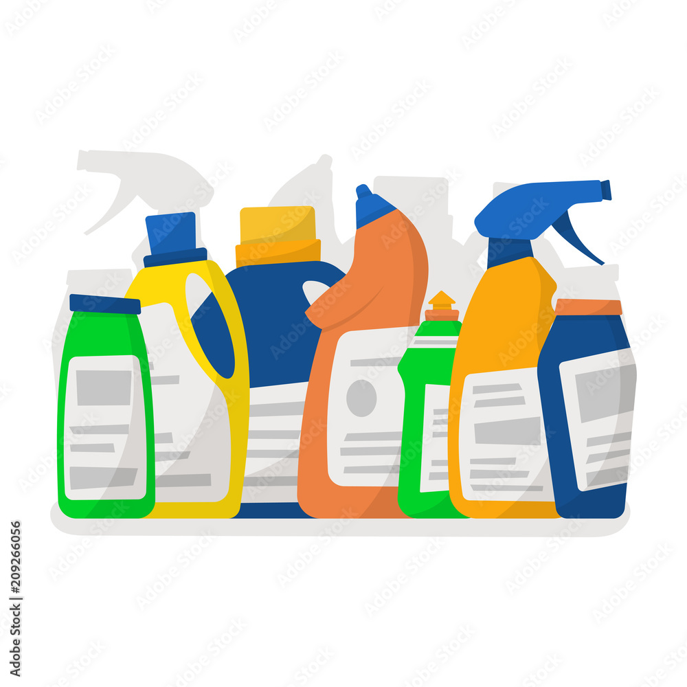 Set of detergent bottles and containers, cleaning supplies isolated on white background. Vector illustration, cartoon style Set of detergent bottles and containers, cleaning supplies isolated on white background. Vector illustration, cartoon style