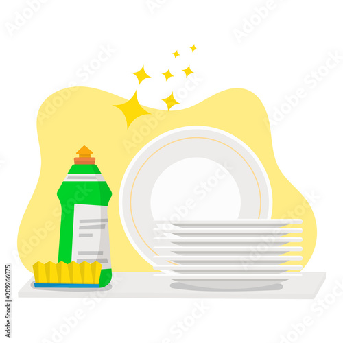 plates and detergent for washing isolated on white background. Vector illustration, cartoon style