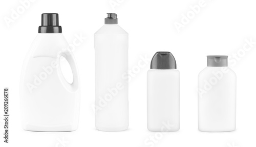 Set of white plastic bottles for shampoo or liquid laundry detergent, cleaning agent, bleach or fabric softener. Package mockup isolated with clipping path.
