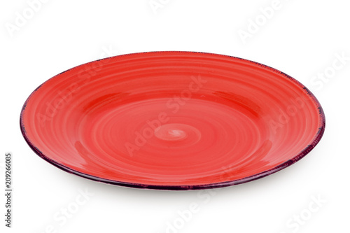 Red dinner plate isolated on white background with clipping path