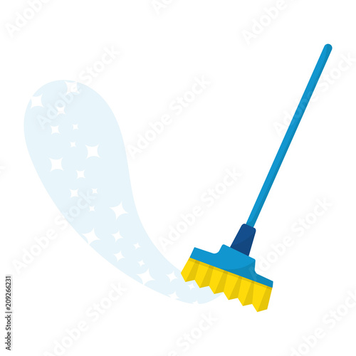 Cleaning service supplies, broom with magic trail. Vector illustration, cartoon style