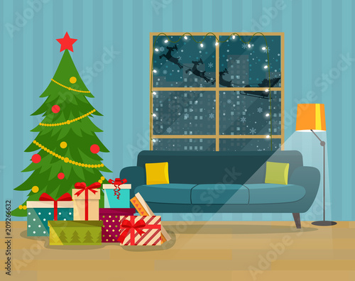Christmas room interior. Pile of colorful wrapped gift boxes in front of the Christmas tree. Vector flat style illustration