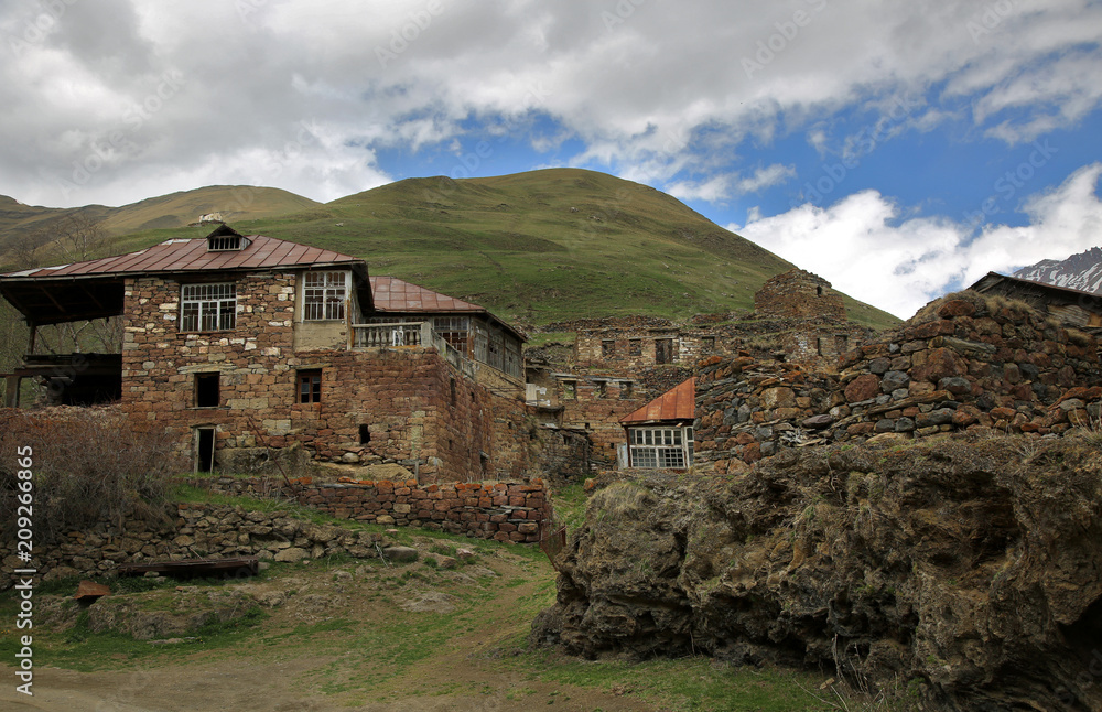 Old Empty Abandoned Village With Dilapidated Ruined Houses In Ketrisi Village In Truso Gorge, Kazbegi District, Georgia.
