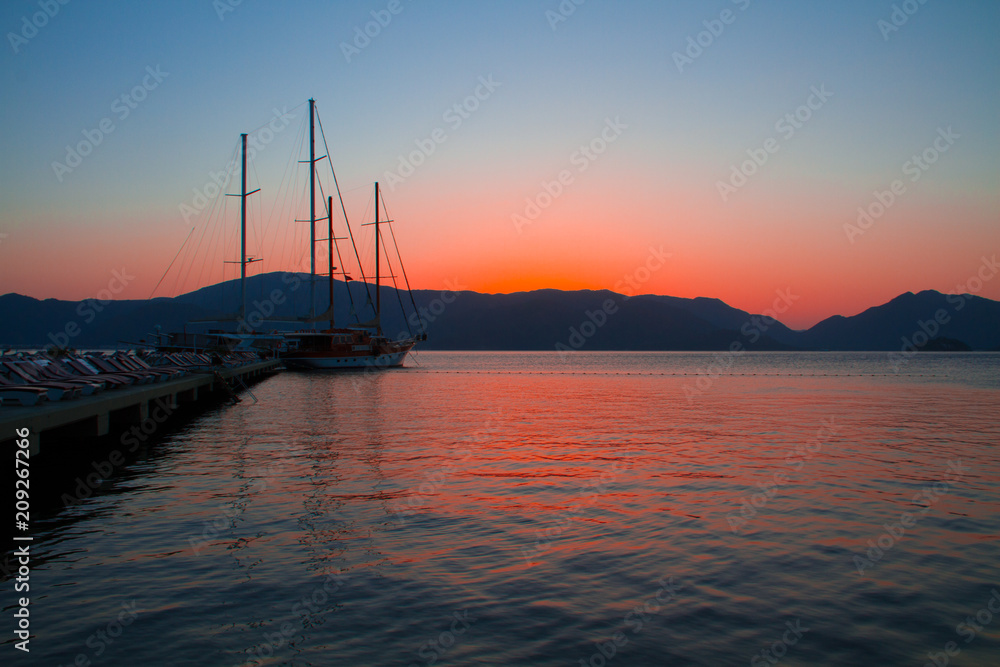 sunrise and  wharf in Marmaris,Turkey