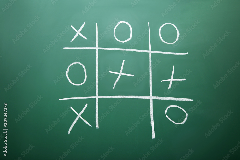 Tic tac toe game drawn by chalk on green school blackboard Tic tac toe game drawn by chalk on green school blackboard