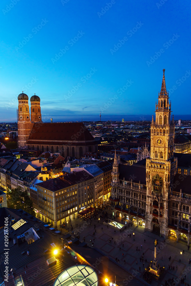 Aerial view of The New Town Hall and Marienplatz at night, Munich, Germany
