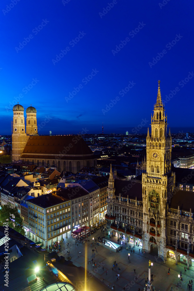 Aerial view of The New Town Hall and Marienplatz at night, Munich, Germany