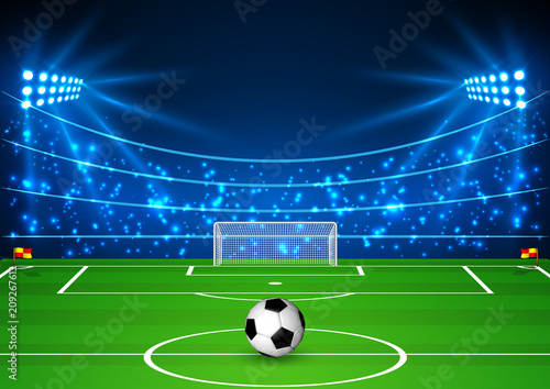 Football Stadium with a ball. Soccer field in the light of searchlights. Football World Cup. Vector illustration