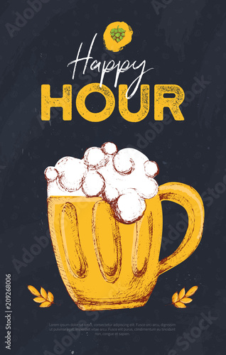 Happy Hour beer banner with sketch mug, pretzel, wheat isolated on dark background. Modern poster