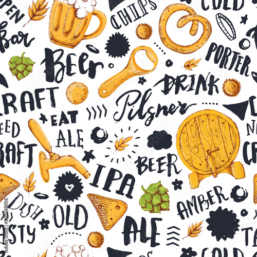 Beer Seamless pattern with hand drawn lettering for bar promotion  pub. Vector oktoberfest sketch illustration