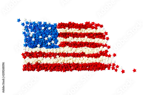 American flag with blue, red and white stars.