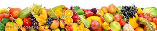 Fototapeta Naklejka Na Ścianę i Meble -  Collection fresh fruits and vegetables isolated on white background. Panoramic collage. Wide photo