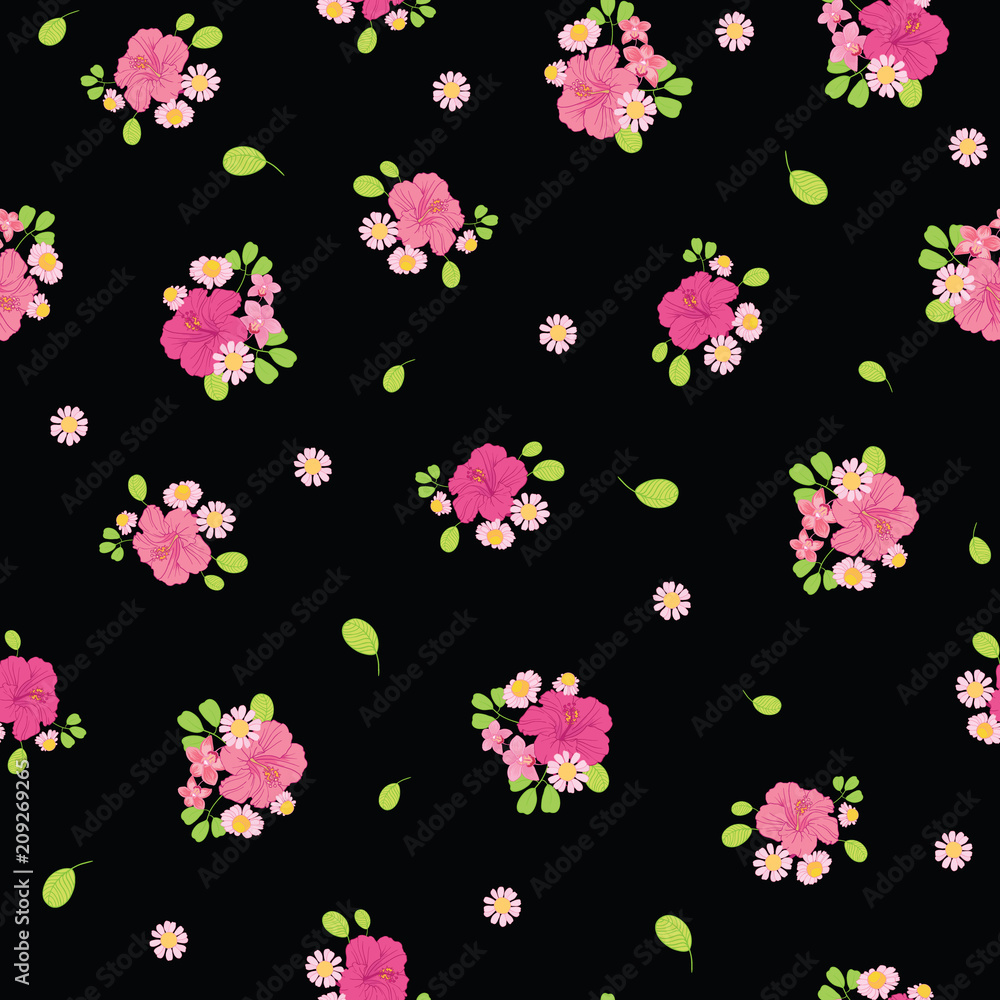 Ditsy tropical flowers seamless pattern design. Great for summer fabric, wallpaper, party invitations, scrapbooking design projects. Surface pattern design.