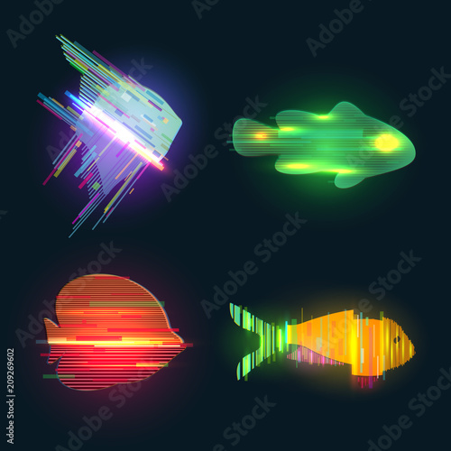 Futuristic digital vector 3d hologram fish on black background. Modern illustration in tv glitch distorted style.